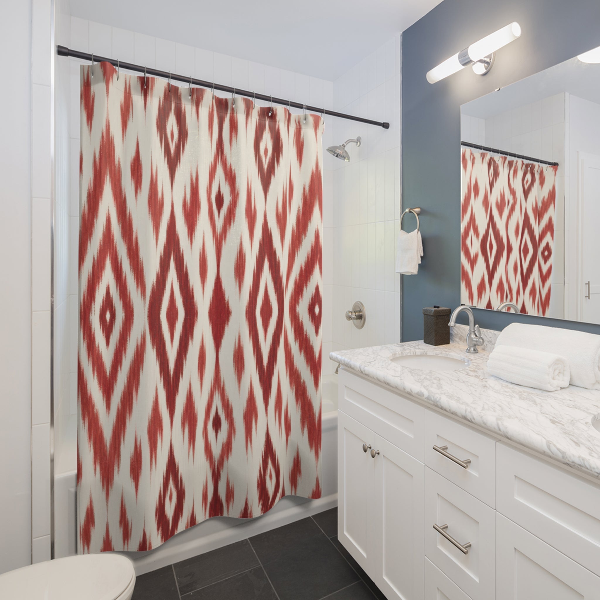 Ikat Shower Curtain, Red and White Diamond Geometric Pattern, Boho Textile Style Bath Decor, Modern Guest Bathroom Accent, Global Red Style