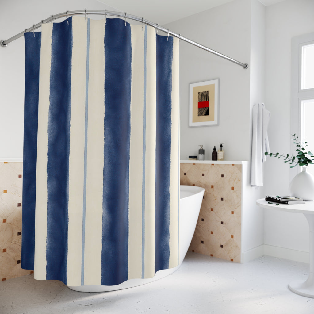 Navy Indigo Cream Brush Stripe Shower Curtain