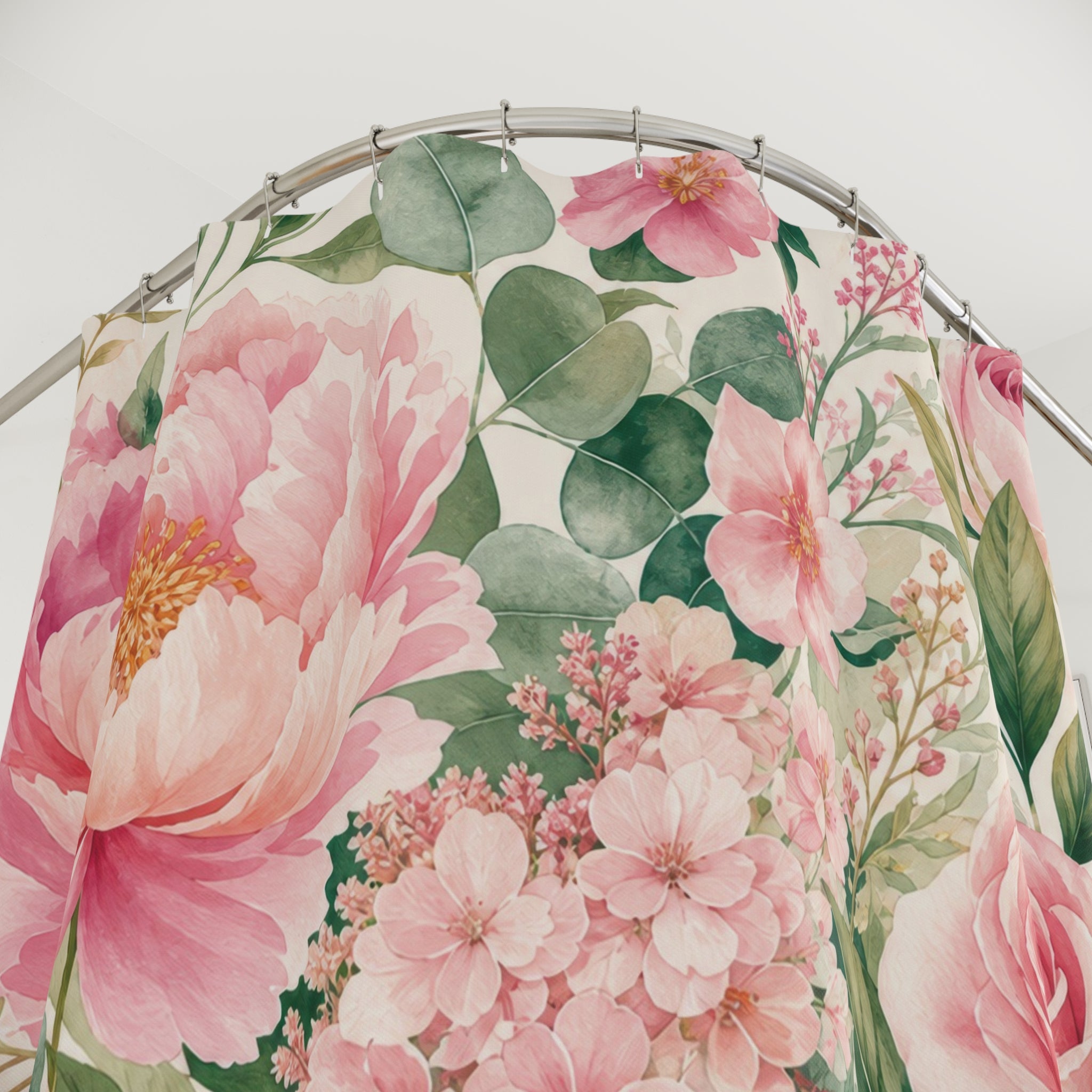 Pink and Green Shower Curtain: Rose Garden Floral Pattern