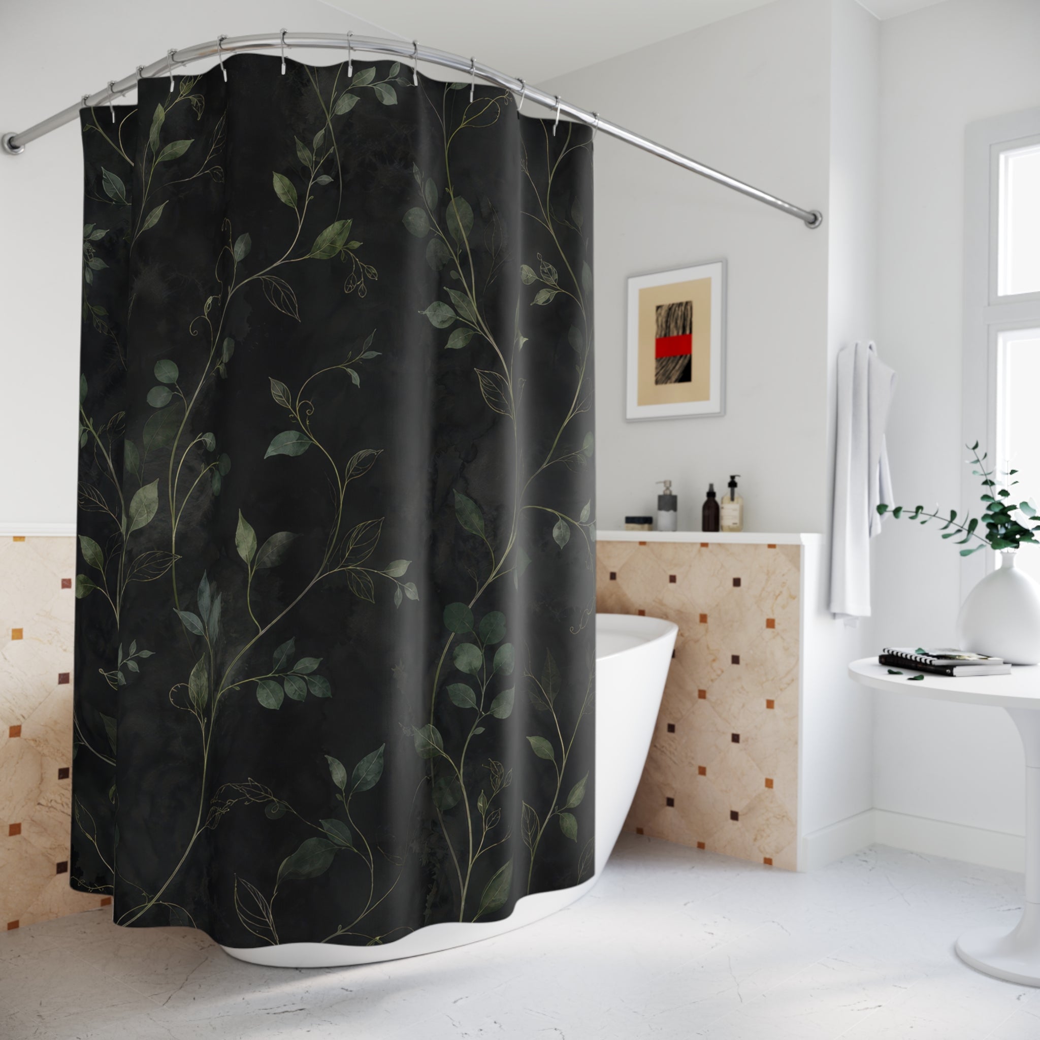 Black Green Botanical Dark Vine Floral Modern Shower Curtain