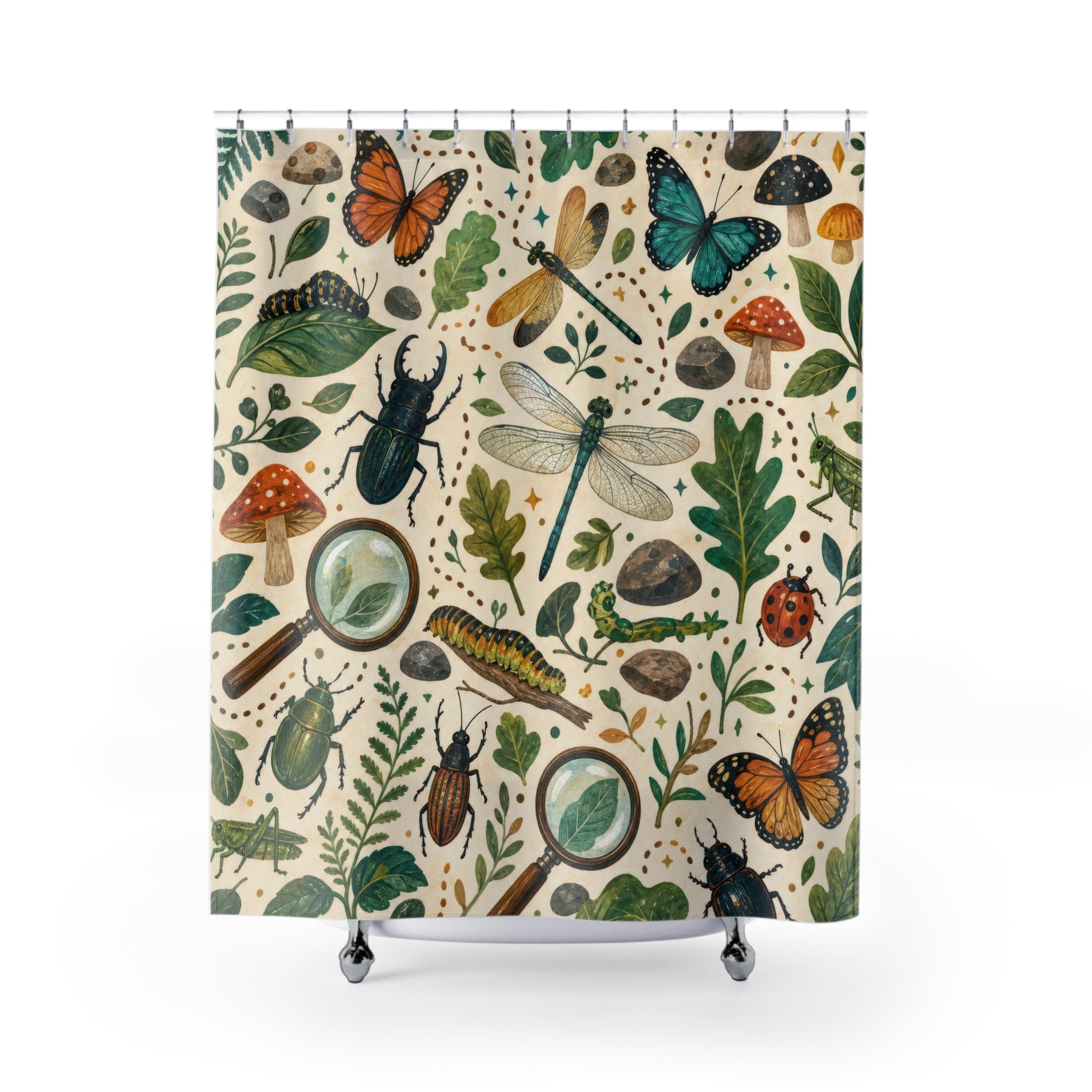 Bug Explorer Shower Curtain, Nature Kids Bathroom Decor, Beetle Butterfly Bath Curtain, Boys Bathroom Decor, Woodland Bath Decor, Guest Bath