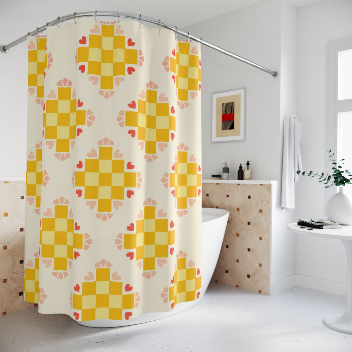 Yellow checker medallions with coral hearts shower curtain beside a freestanding tub