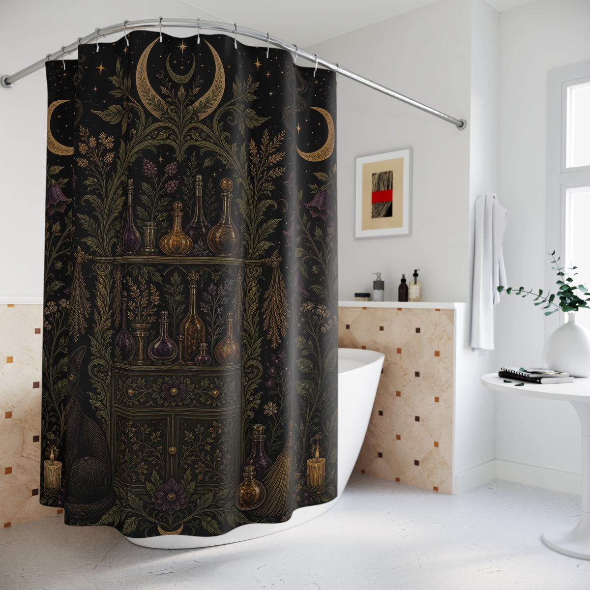 Witchy Black Cat Apothecary Night Garden shower curtain beside a freestanding tub