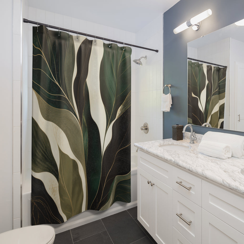 Black Dark Leaf Green Botanical Shower Curtain