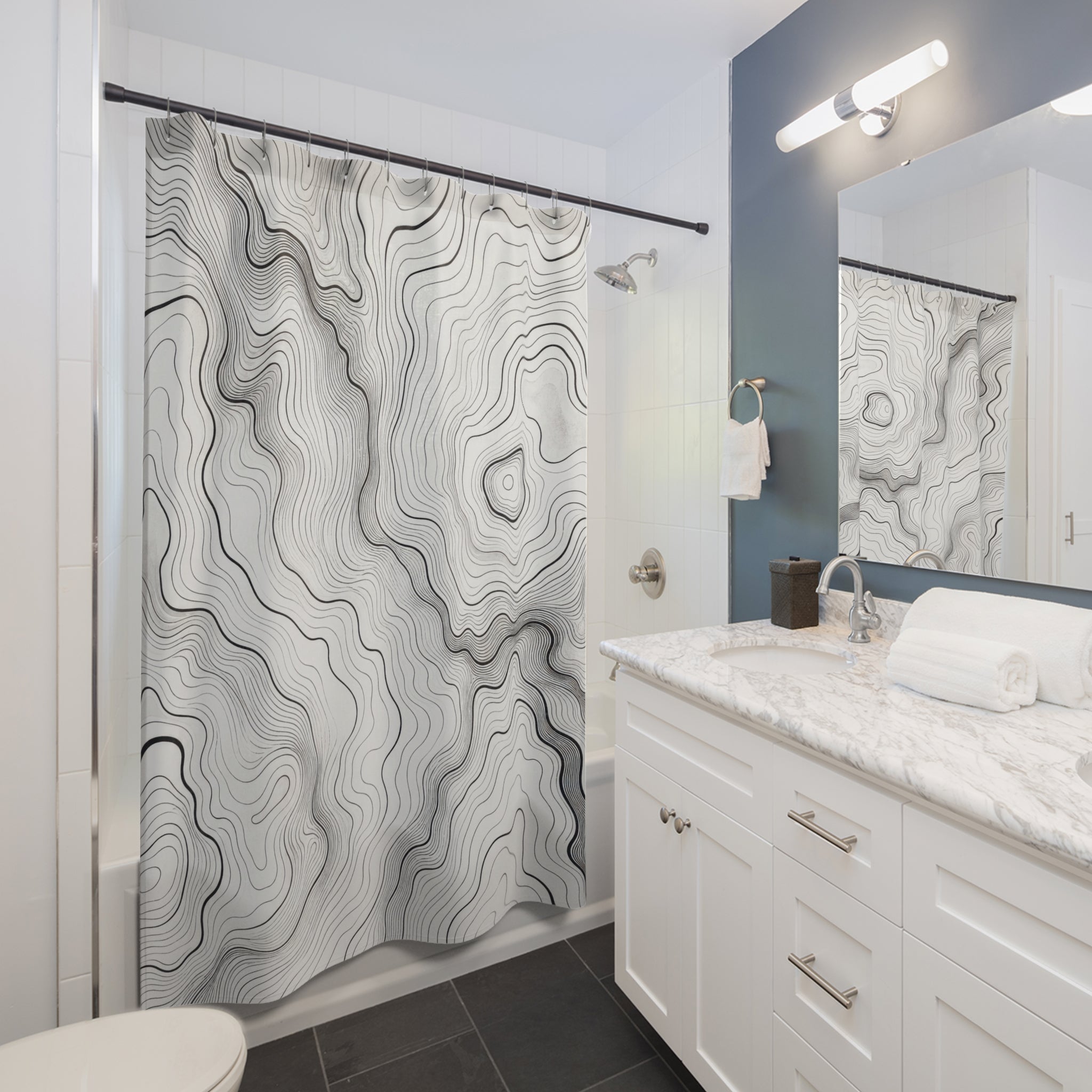Black White Contour Line Shower Curtain