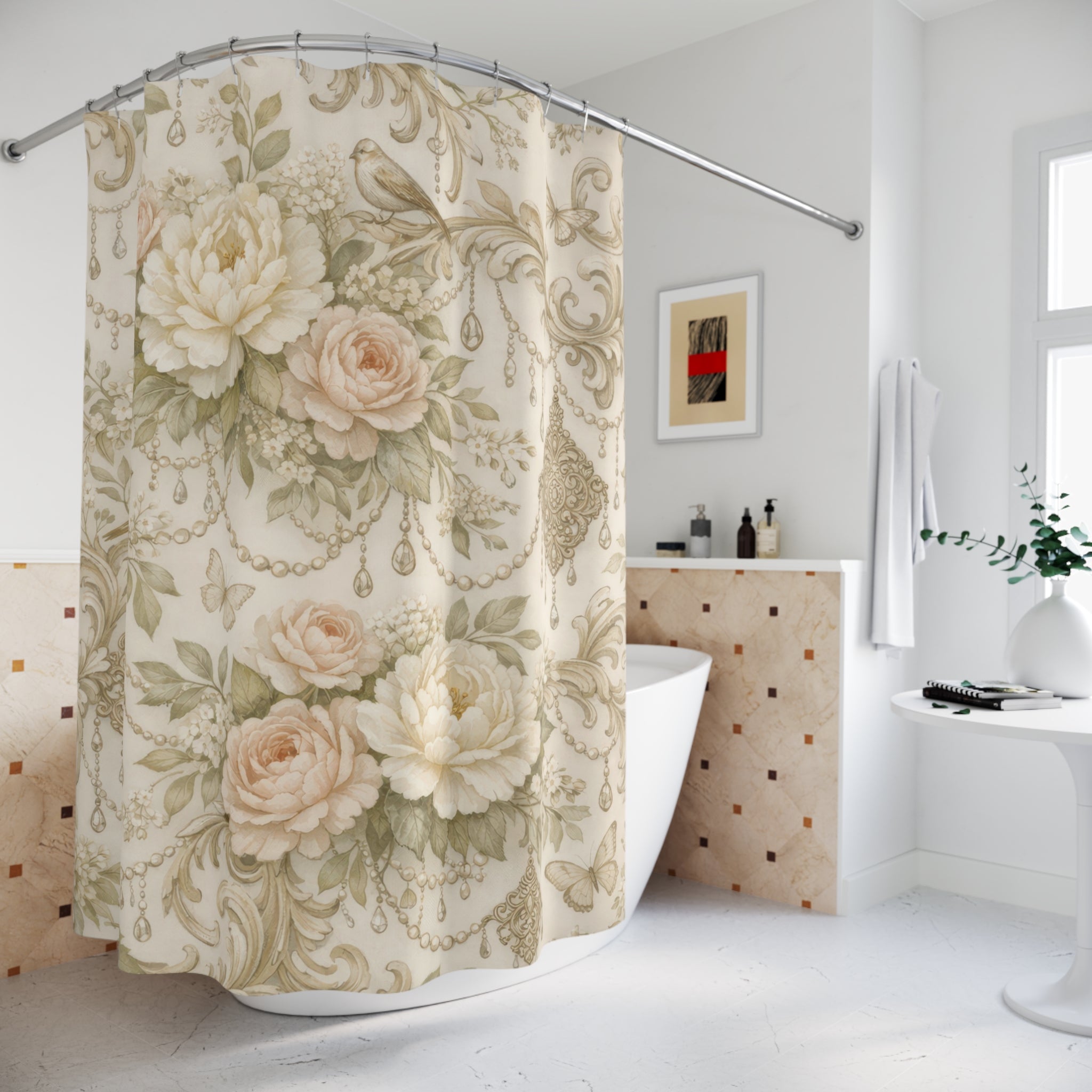 Elegant Floral Peony Shower Curtain – Blush Ivory