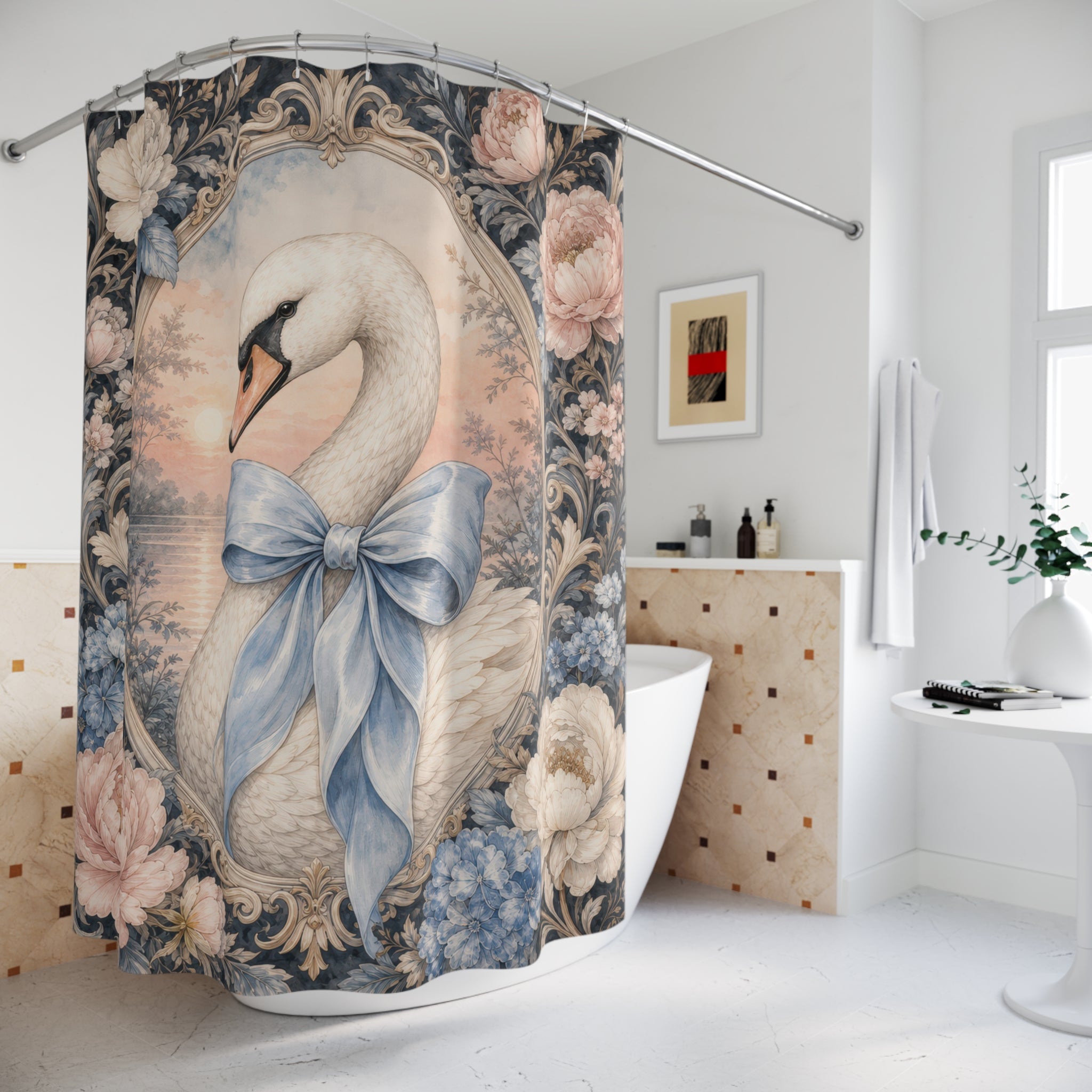 Swan Ribbon Medallion Bow Shower Curtain