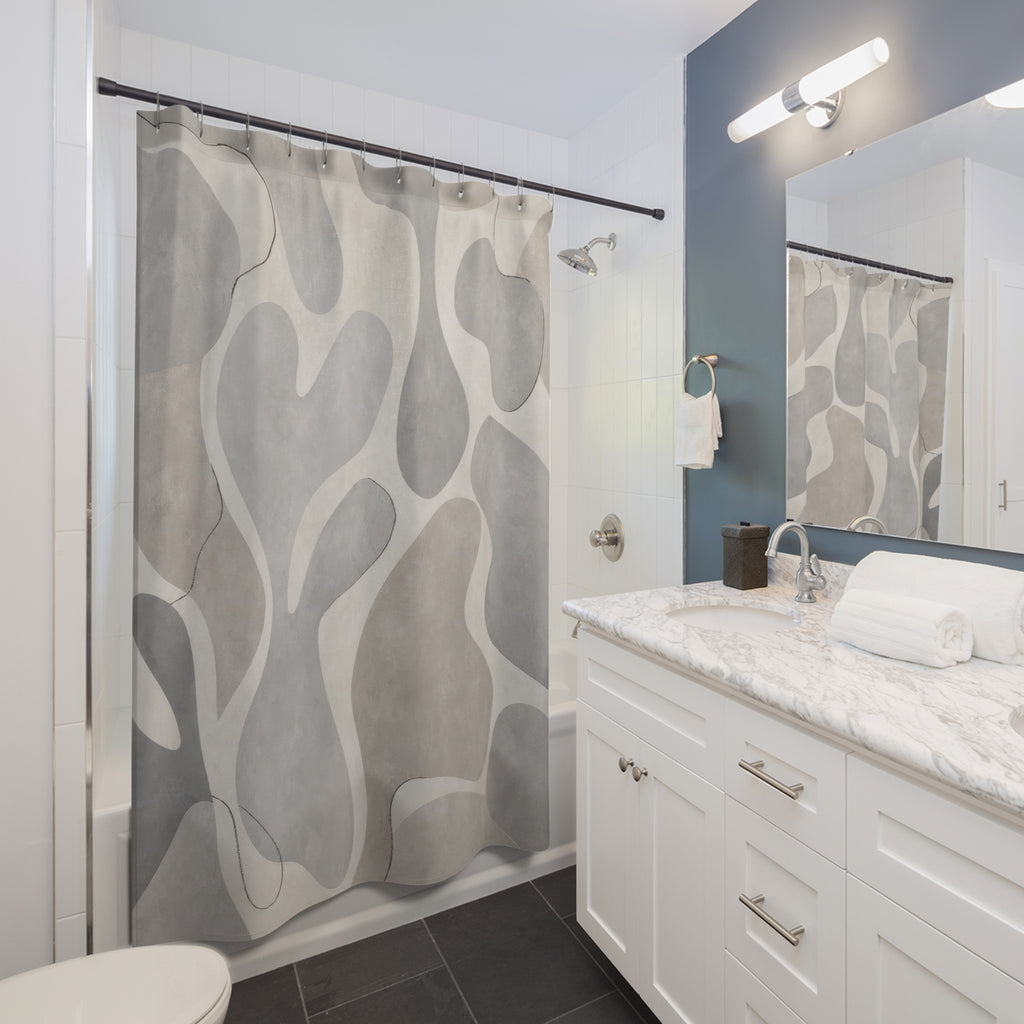 Abstract Shower Curtain, Gray Geometric Bath Decor, Organic Shape Pattern, Modern Neutral Guest Bathroom Decor, Soft Modern Spa Style