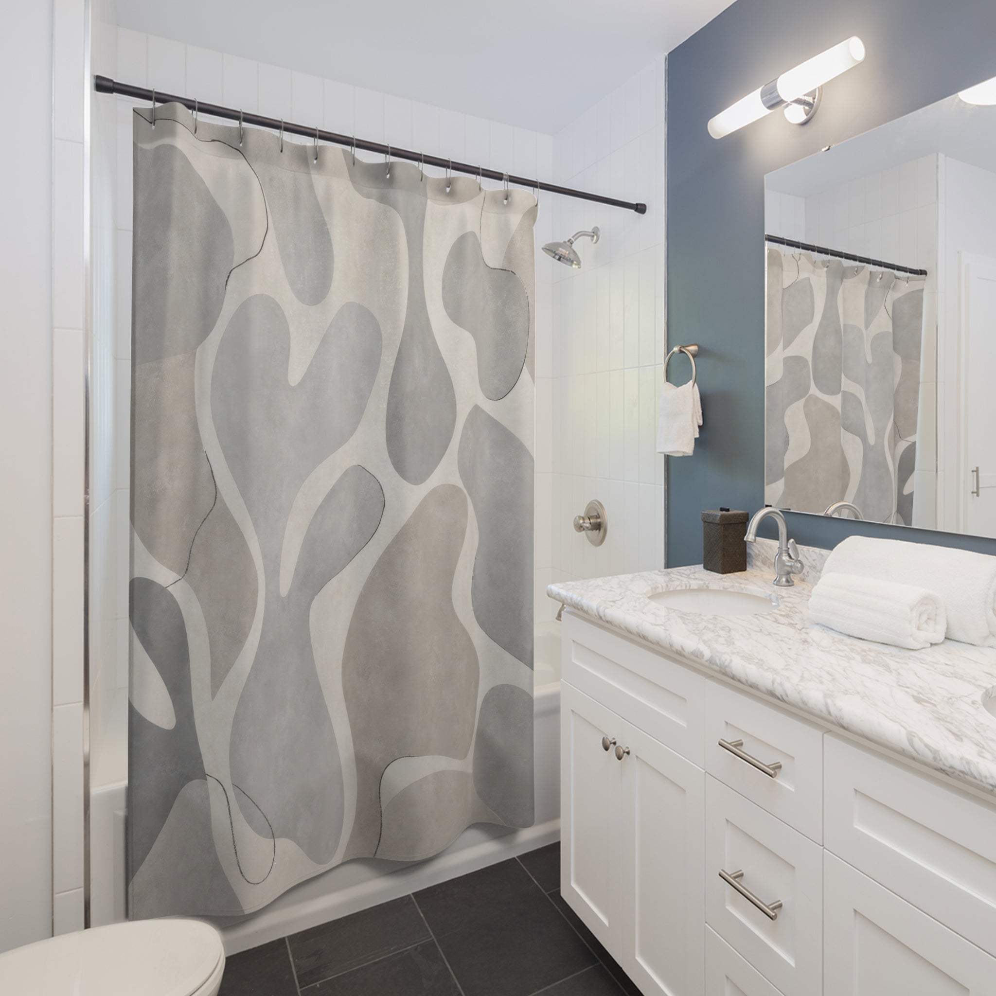 Abstract Shower Curtain, Gray Geometric Bath Decor, Organic Shape Pattern, Modern Neutral Guest Bathroom Decor, Soft Modern Spa Style