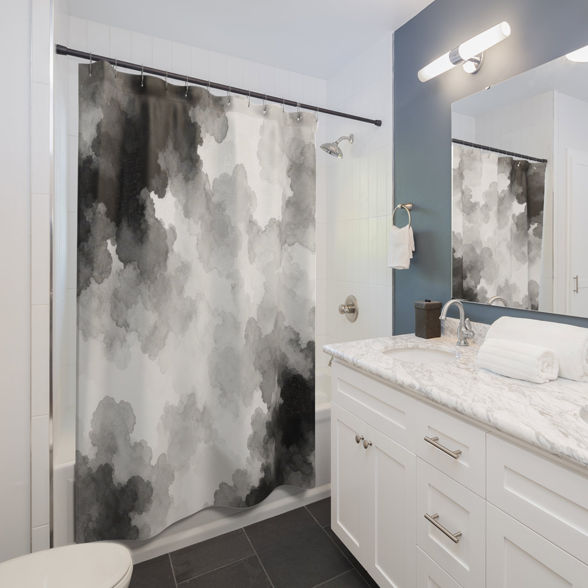 Black White Watercolor Cloud Shower Curtain