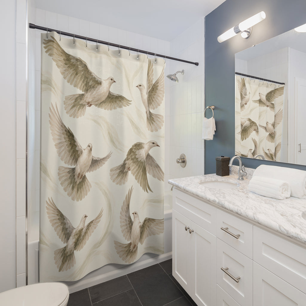Ivory doves with olive and taupe wings on cream shower curtain beside a white vanity