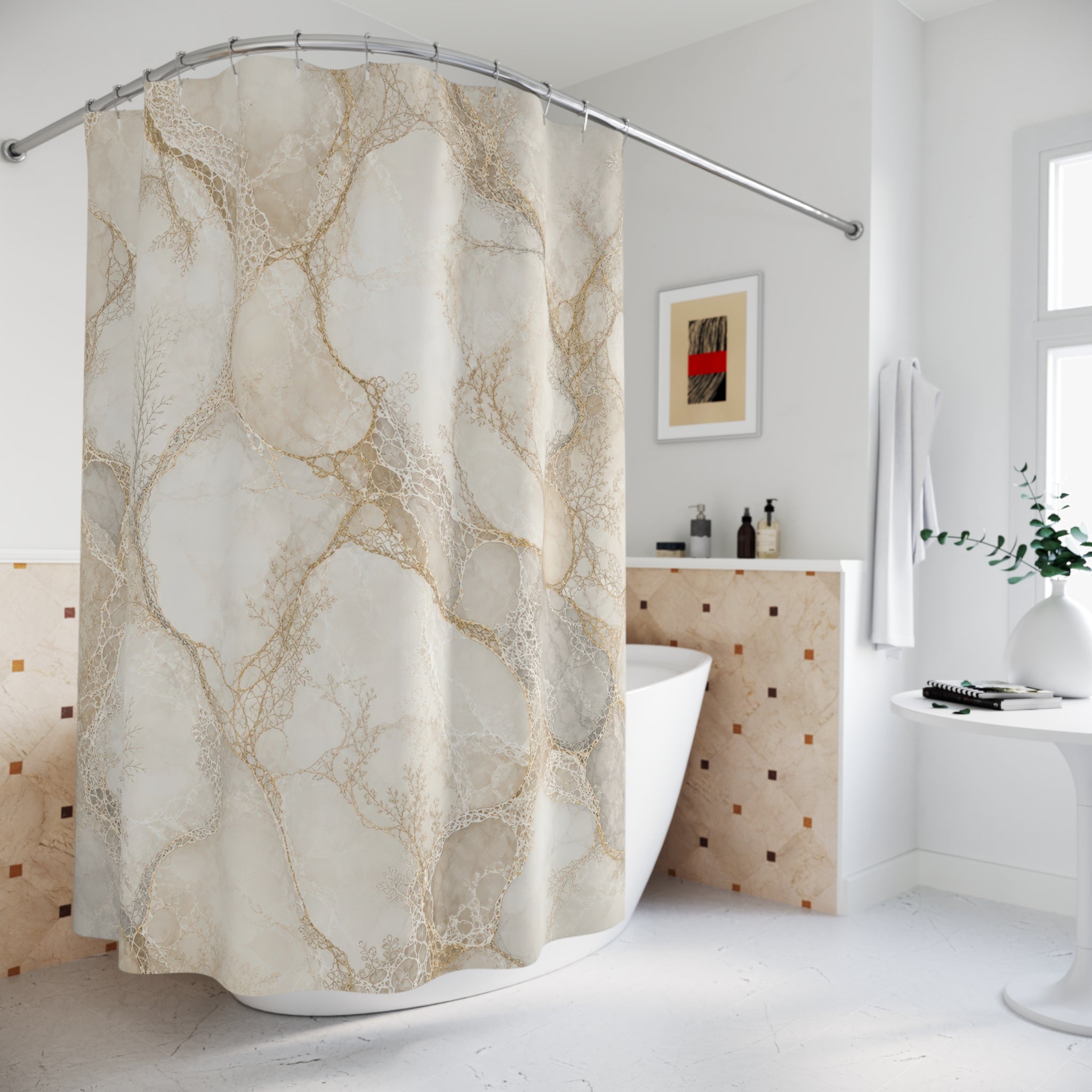 White and Gold Shower Curtain