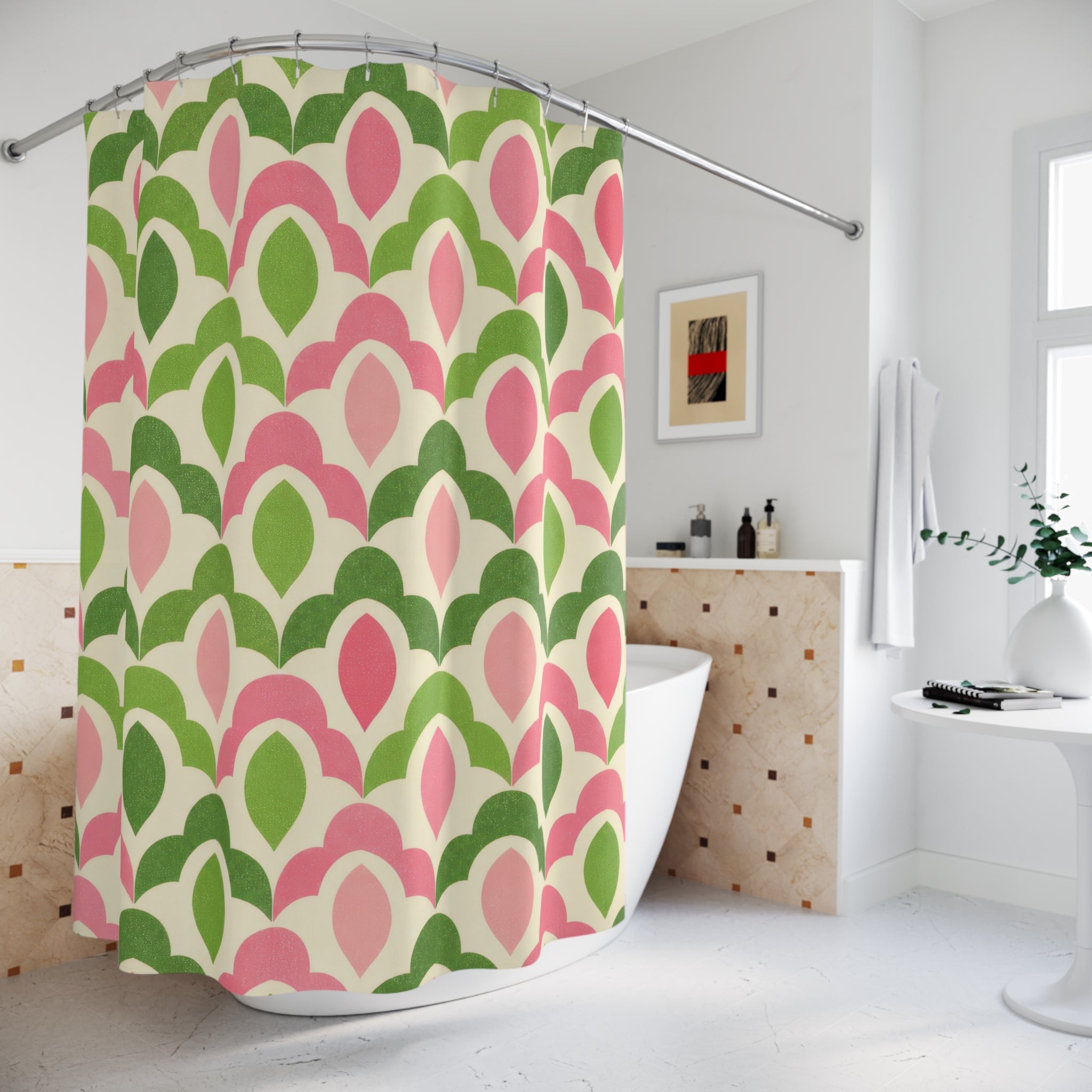 Green and pink interlocking scallop lattice shower curtain beside a freestanding tub