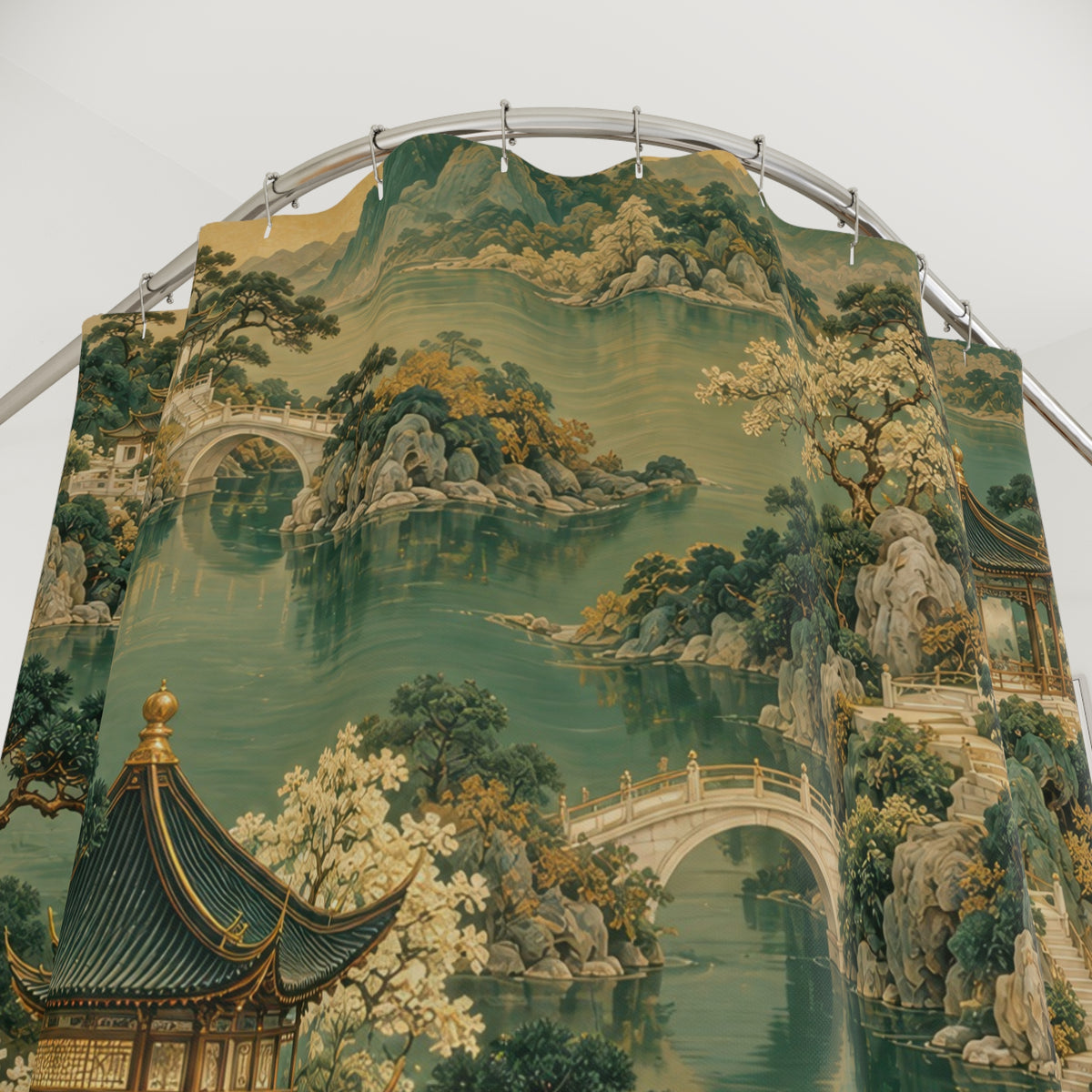 Jade Chinoiserie pavilions and arched bridges shower curtain with close-up print, hooks, and folds