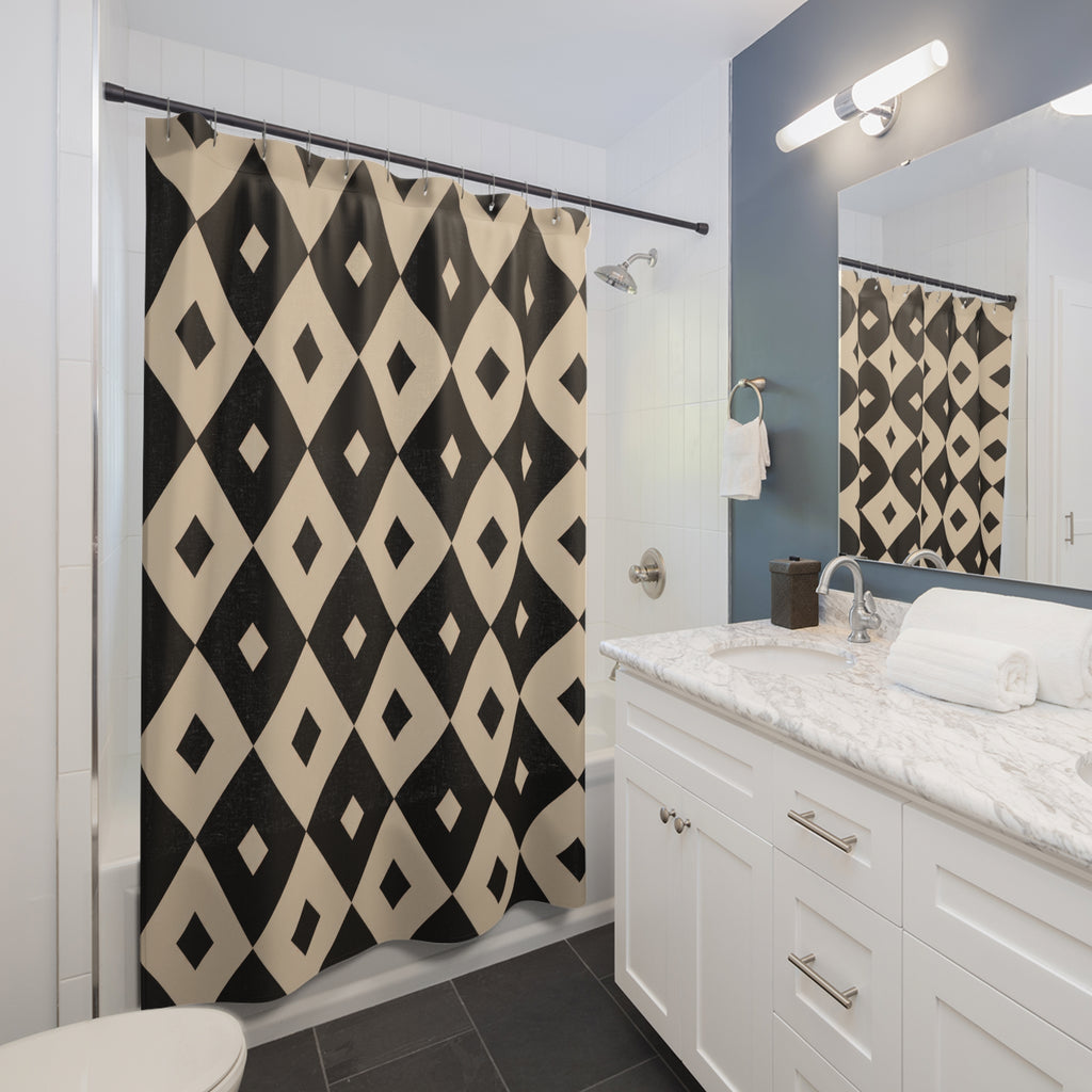 Beige and black inset diamond checks shower curtain beside a white vanity