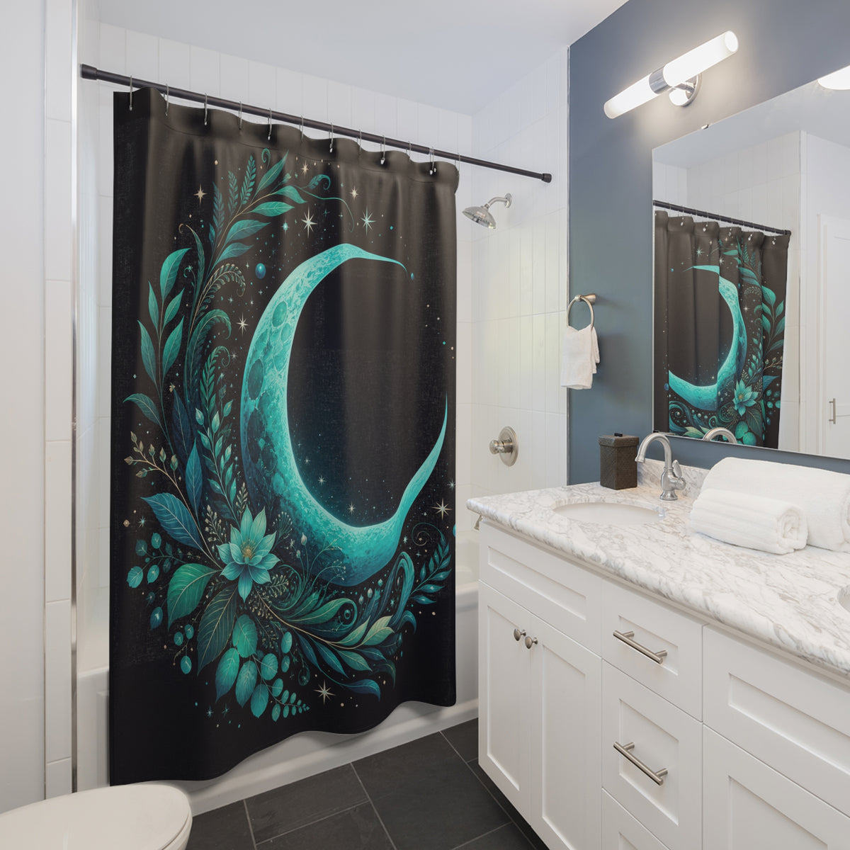Turquoise crescent moon within a jade botanical arch shower curtain beside a white vanity