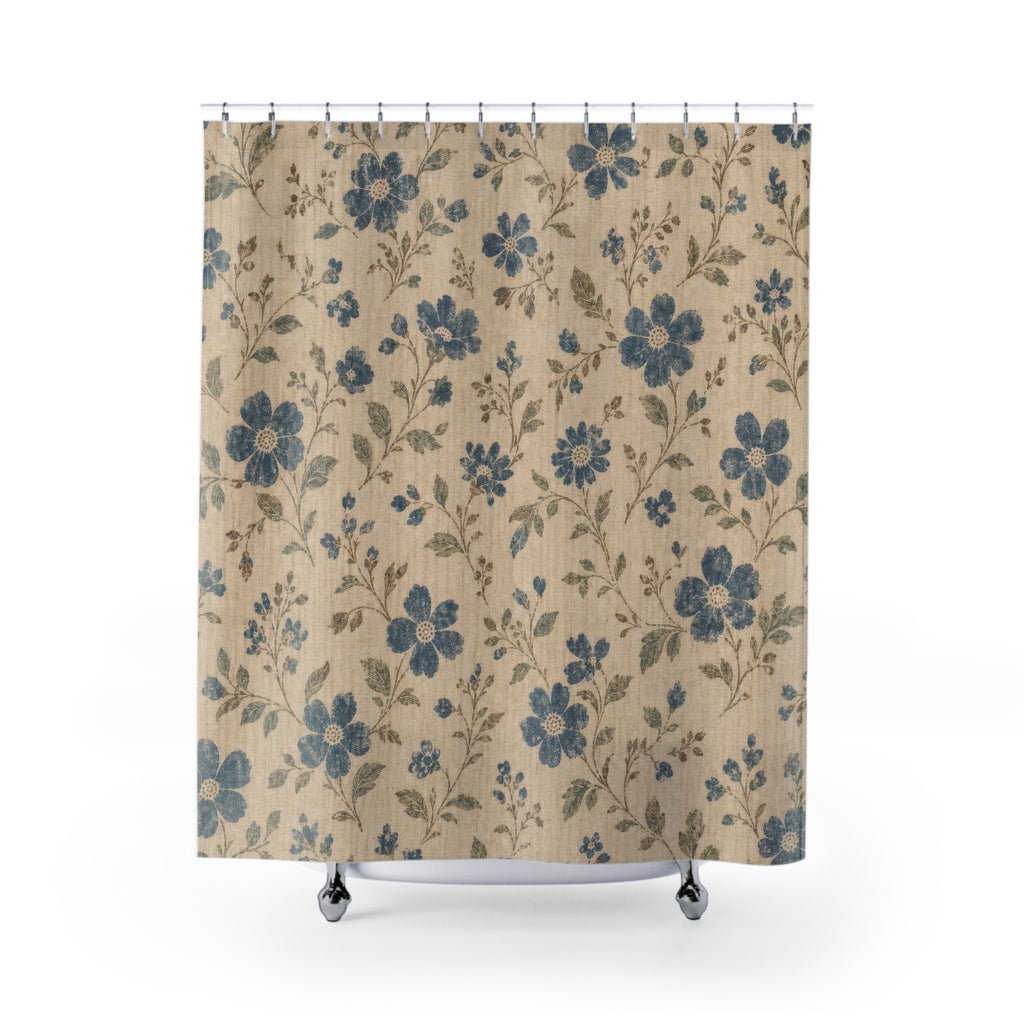 Vintage Farmhouse Blue Floral Shower Curtain