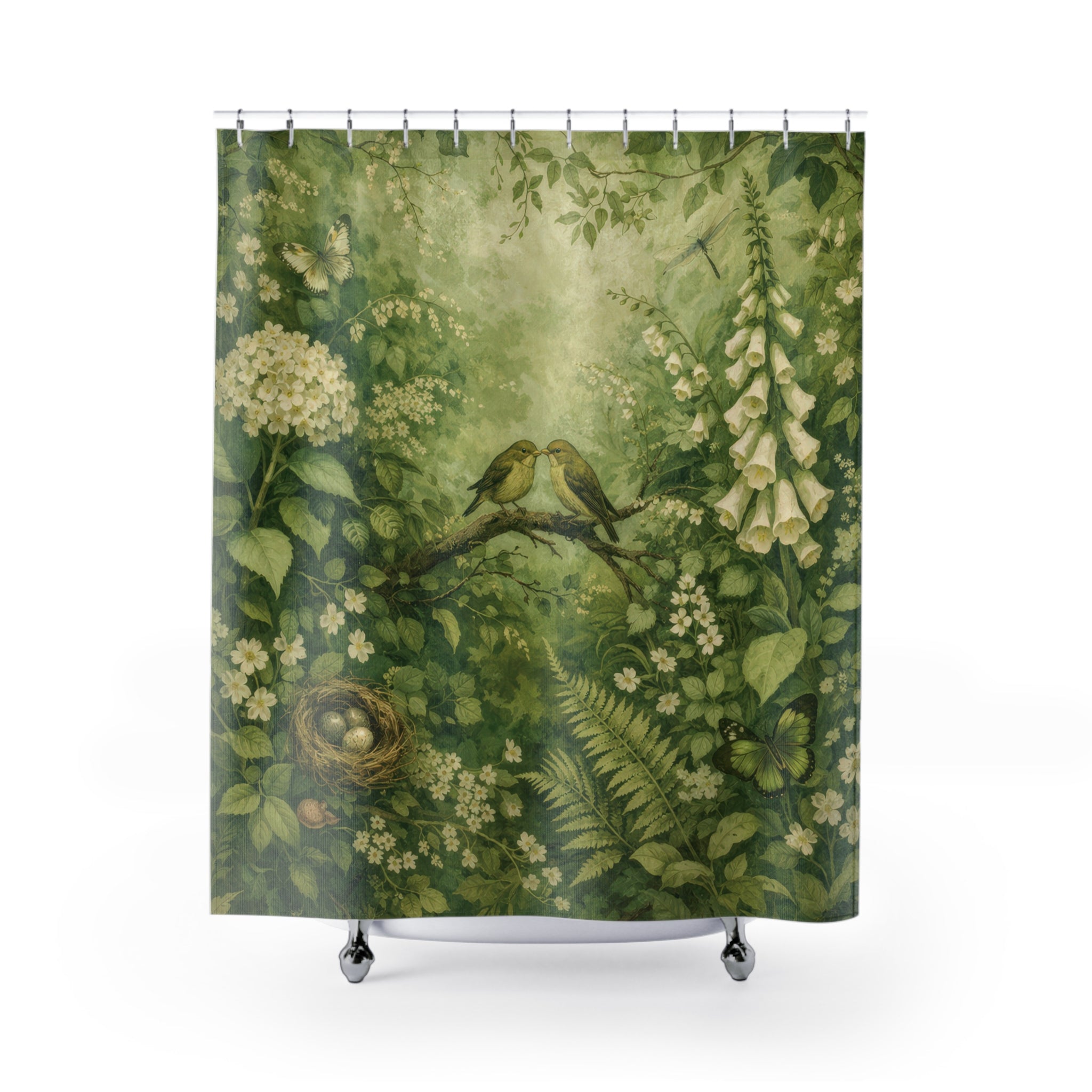 Green Woodland Bird Shower Curtain — Botanical
