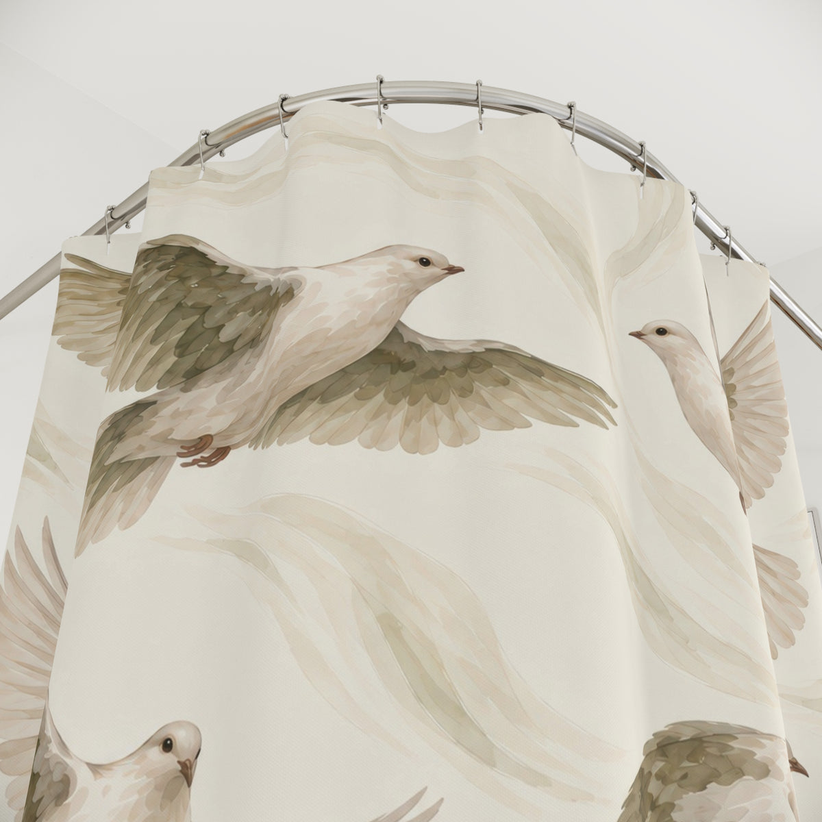 Ivory doves with olive and taupe wings on cream shower curtain with close-up print, hooks, and folds