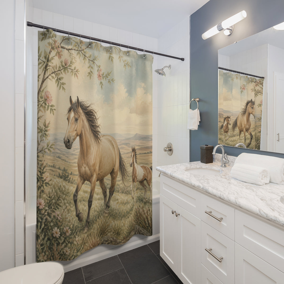 Wild mare and pinto colt crossing a rose-framed meadow shower curtain beside a white vanity