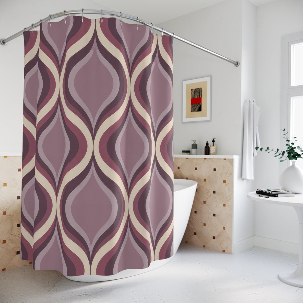 Mauve nested ogee ribbon pattern in plum and lilac shower curtain beside a freestanding tub