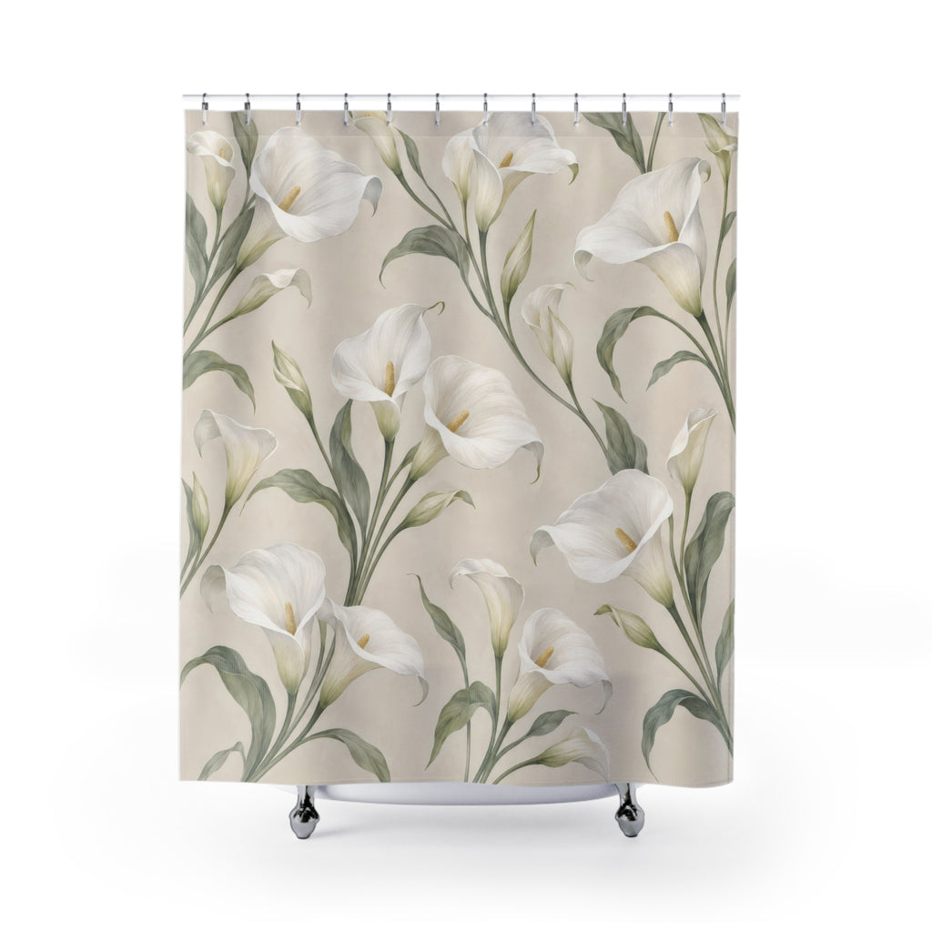 White calla lilies with sage leaves on pale ivory shower curtain with full front view