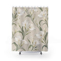 White calla lilies with sage leaves on pale ivory shower curtain with full front view