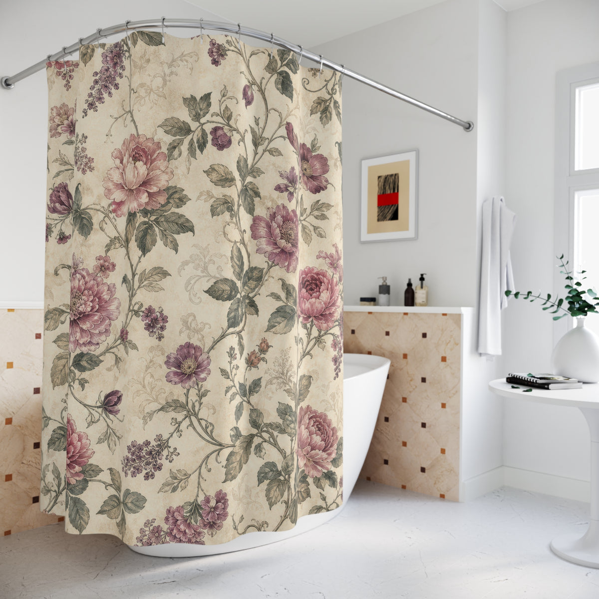 Pink Vintage Floral rose pattern shower curtain beside a freestanding tub