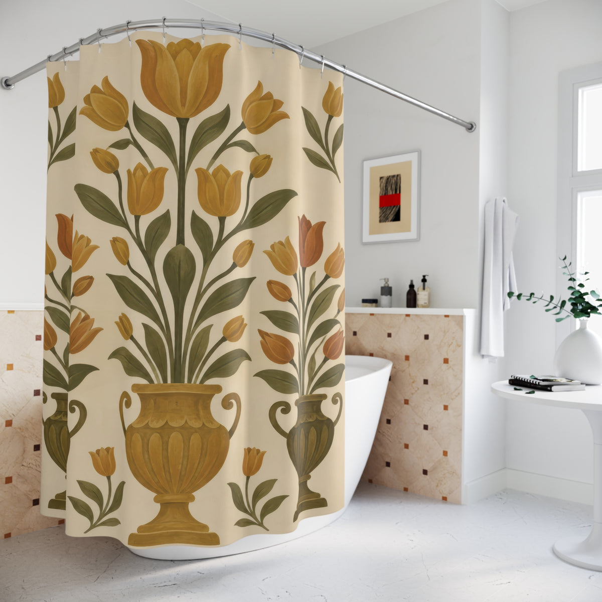 Ochre tulips and olive leaves in three urns on cream shower curtain beside a freestanding tub