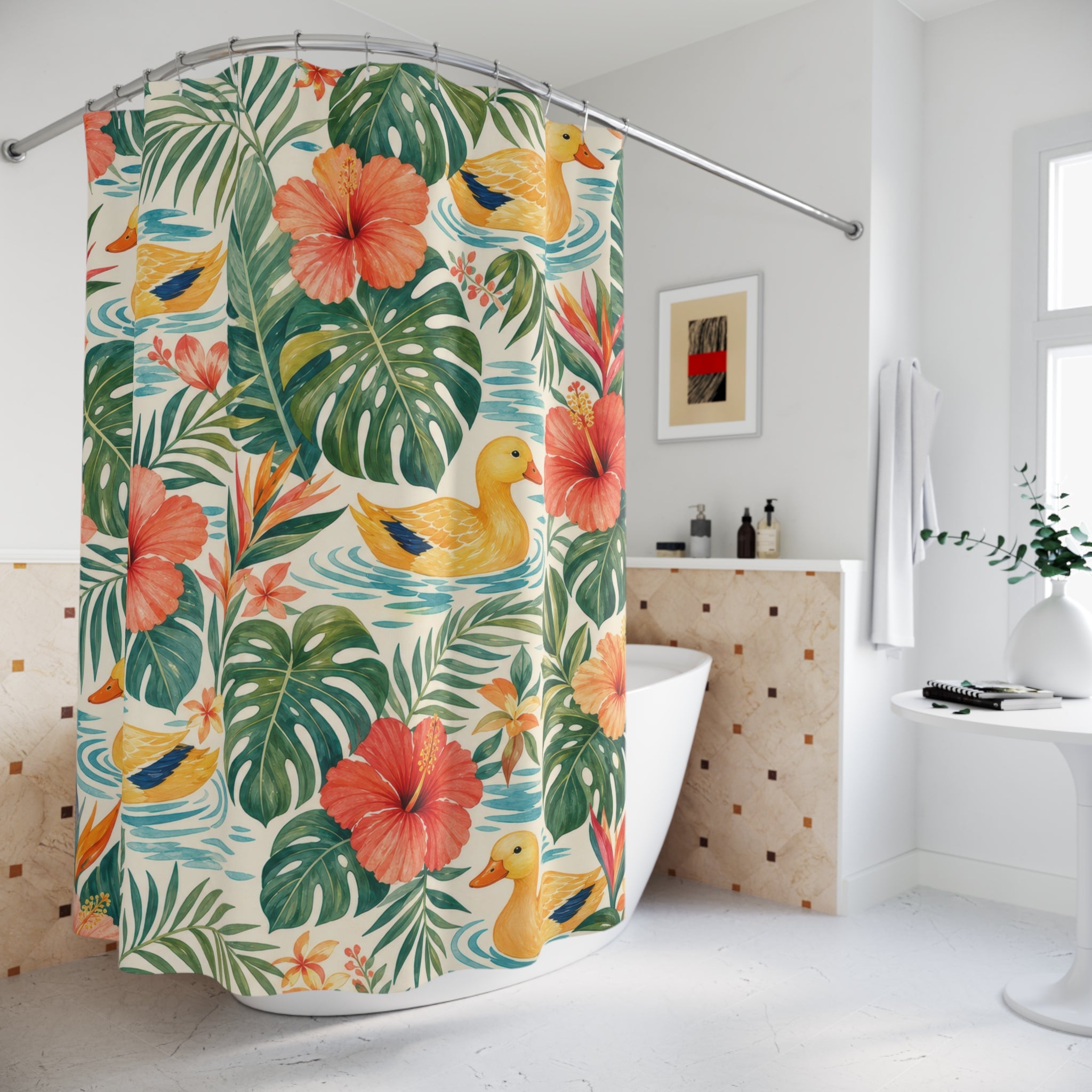 Tropical Orange Duck Floral Shower Curtain