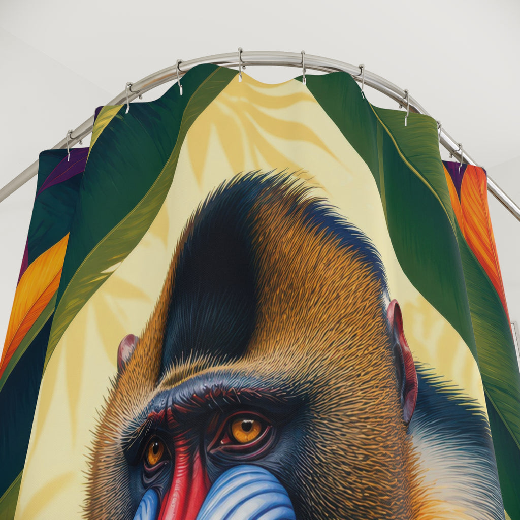 Colorful mandrill animal portrait framed by tropical leaves shower curtain with close-up print, hooks, and folds