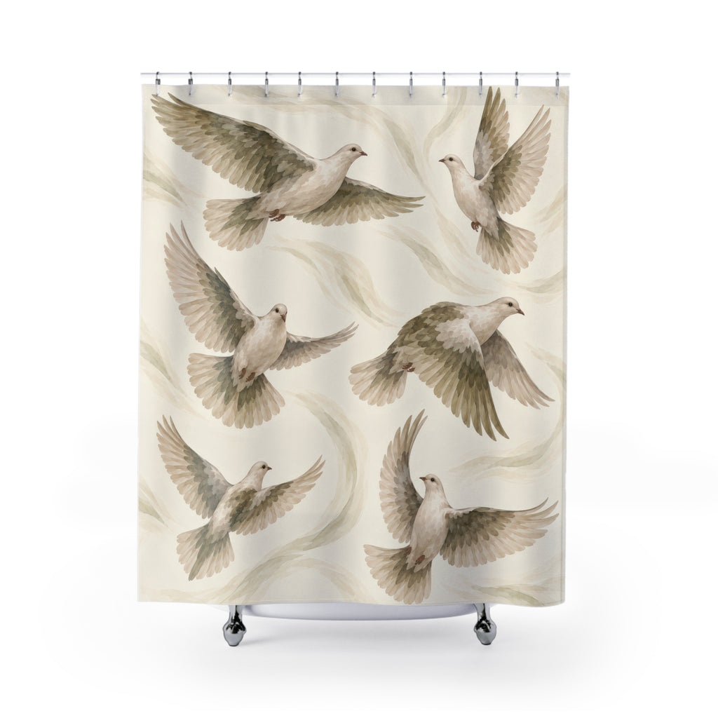 Ivory doves with olive and taupe wings on cream shower curtain with full front view