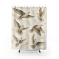 Ivory doves with olive and taupe wings on cream shower curtain with full front view