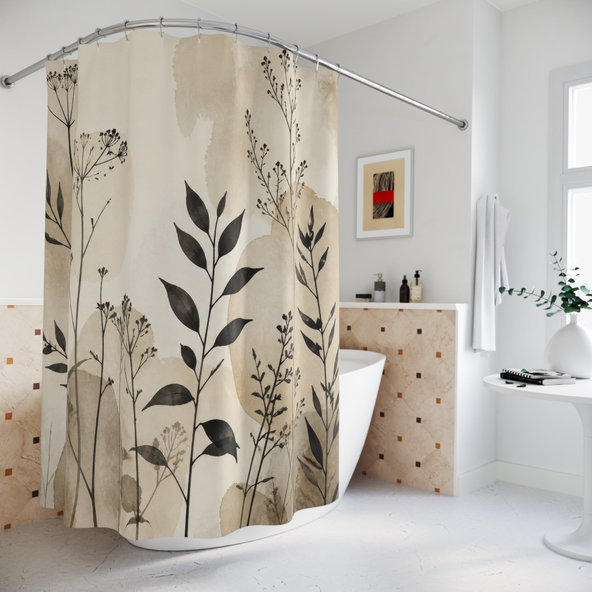 Black Beige Wildflower Silhouette Shower Curtain