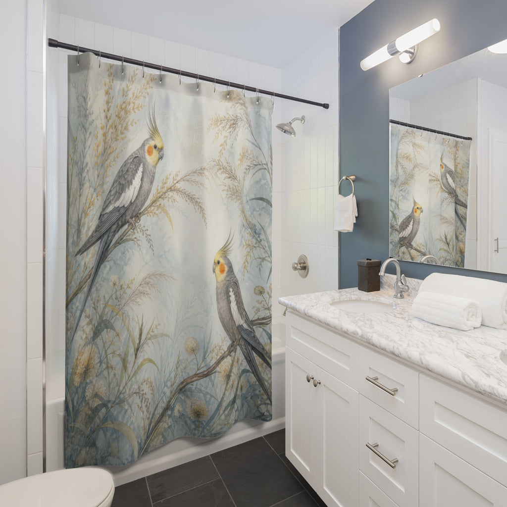 Two grey cockatiels in misty blue and gold meadow grasses shower curtain installed beside a white vanity
