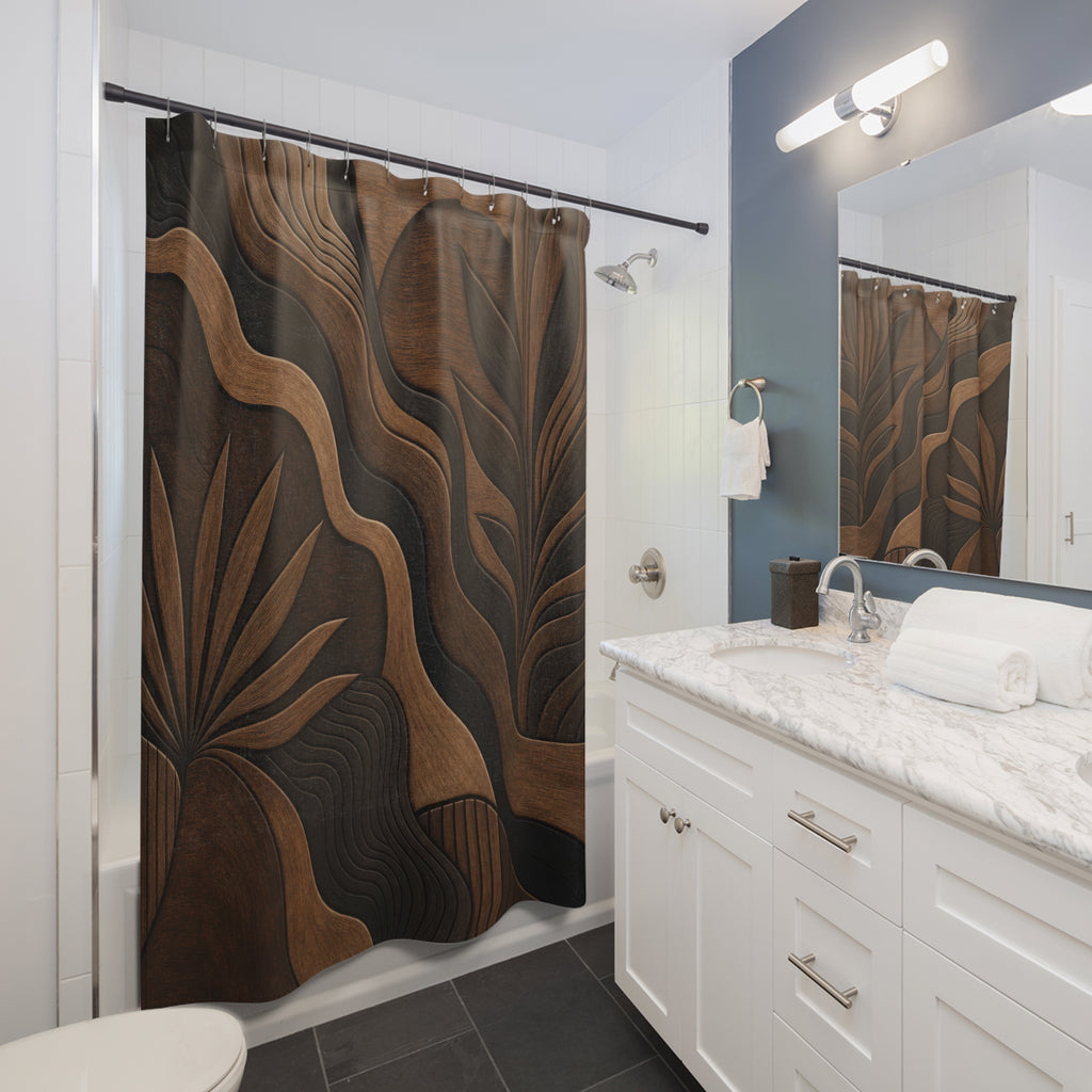 Leaf Shower Curtain, Black Brown Botanical Bath Decor, Stone Contour Pattern, Organic Earth Tone Neutral Guest Bathroom Decor Style