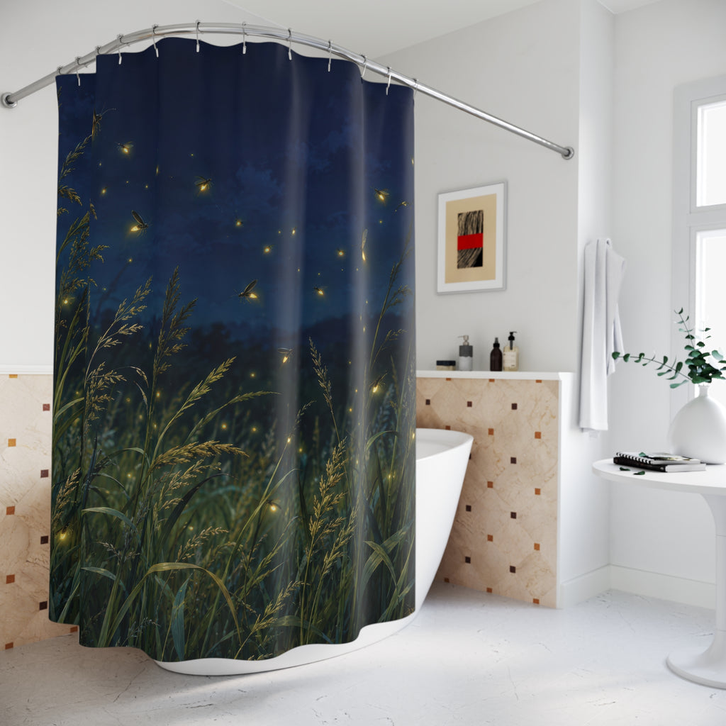 Golden fireflies over green meadow grasses beneath a navy sky shower curtain beside a freestanding tub