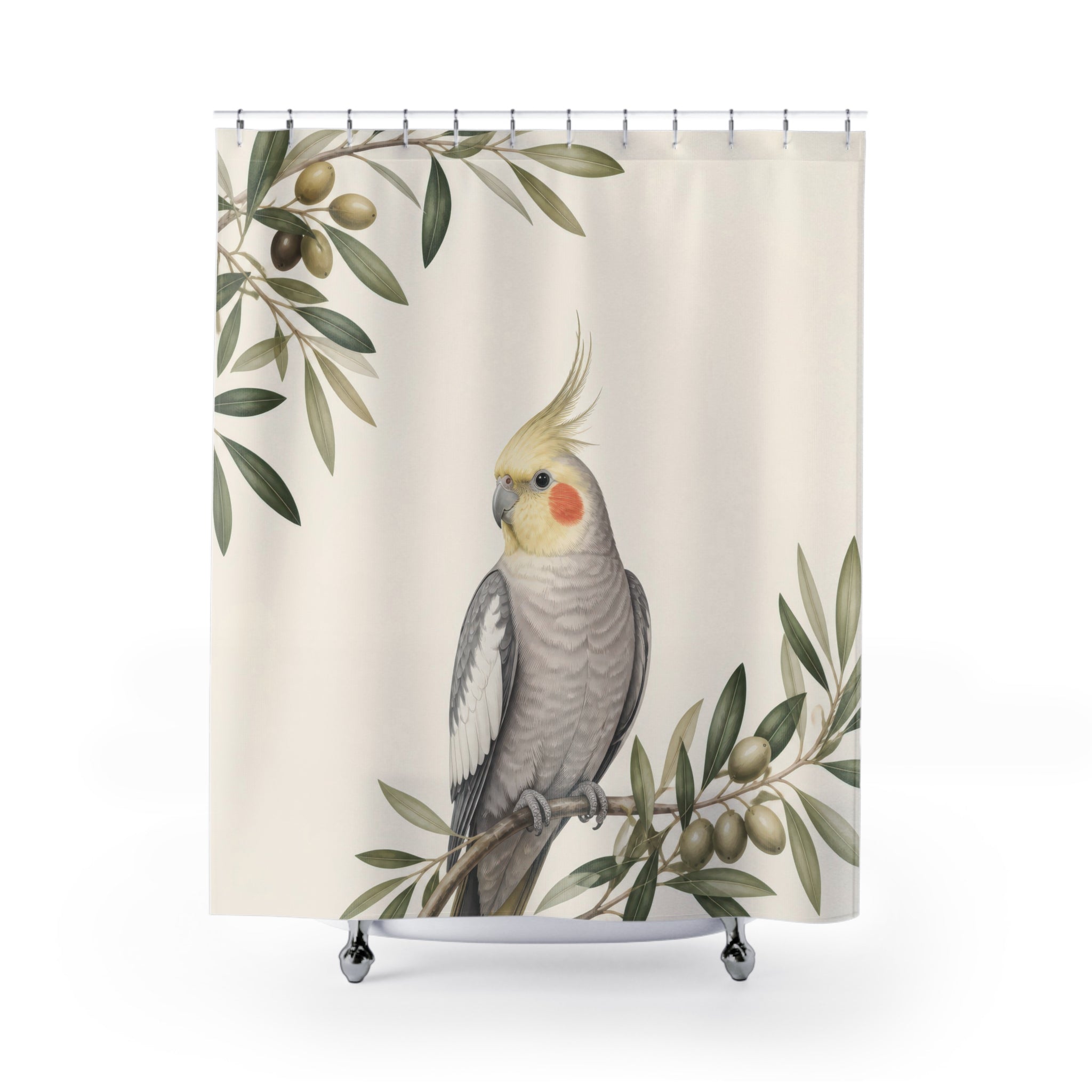 Grey cockatiel framed by airy olive branches on warm ivory shower curtain, full front view