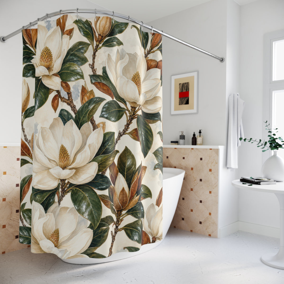 White Floral Botanical magnolia pattern shower curtain beside a freestanding tub