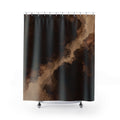 Dark brown ink blooms with a winding tan opening shower curtain with full front view