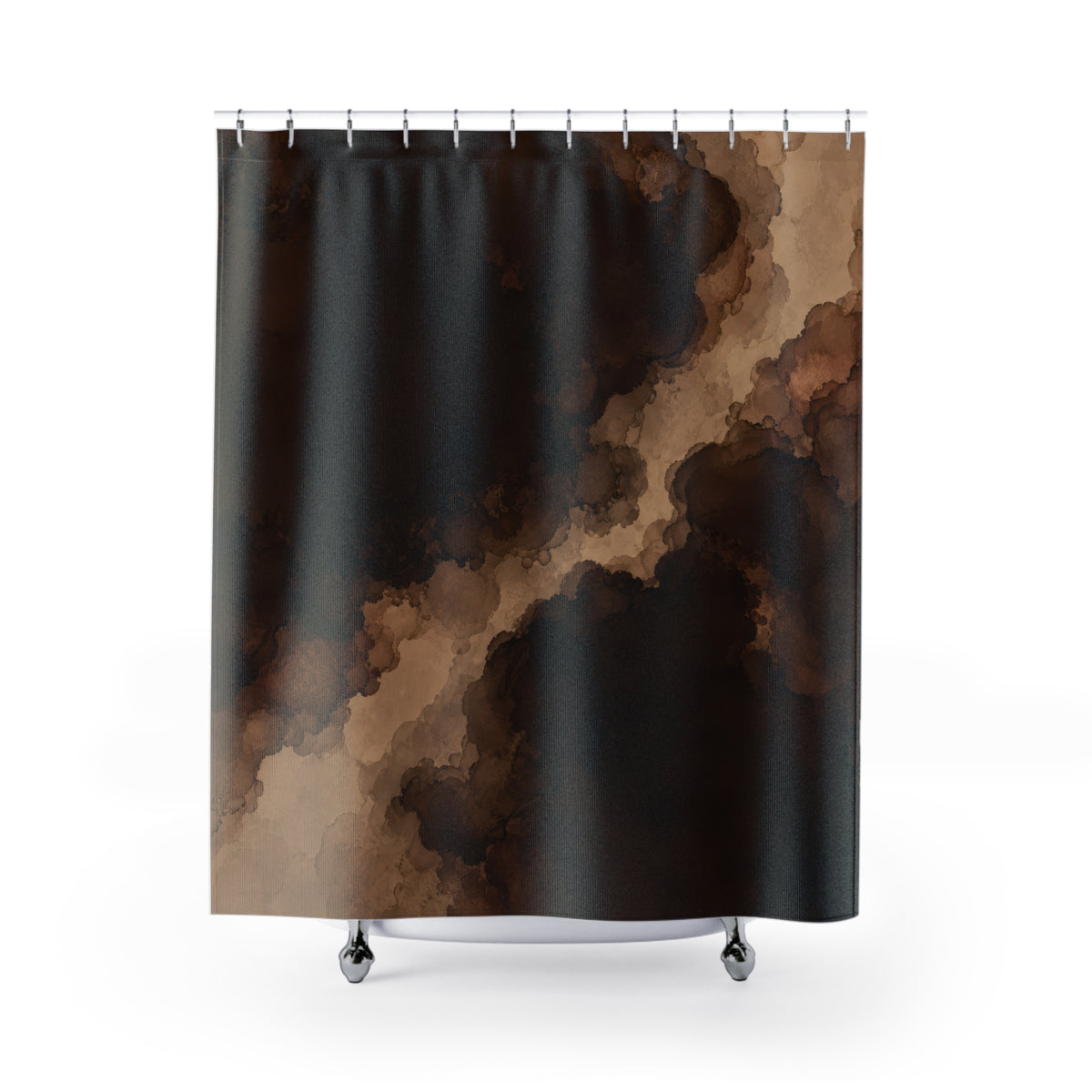 Dark brown ink blooms with a winding tan opening shower curtain with full front view