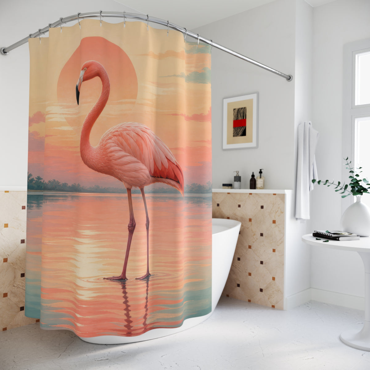 Coral flamingo standing in a teal sunrise lagoon shower curtain beside a freestanding tub