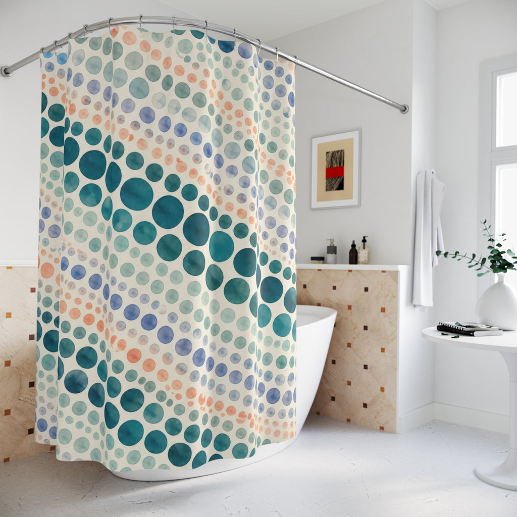 Teal watercolor polka dots in diagonal rows shower curtain beside a freestanding tub