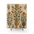 Ochre tulips and olive leaves in three urns on cream shower curtain with full front view
