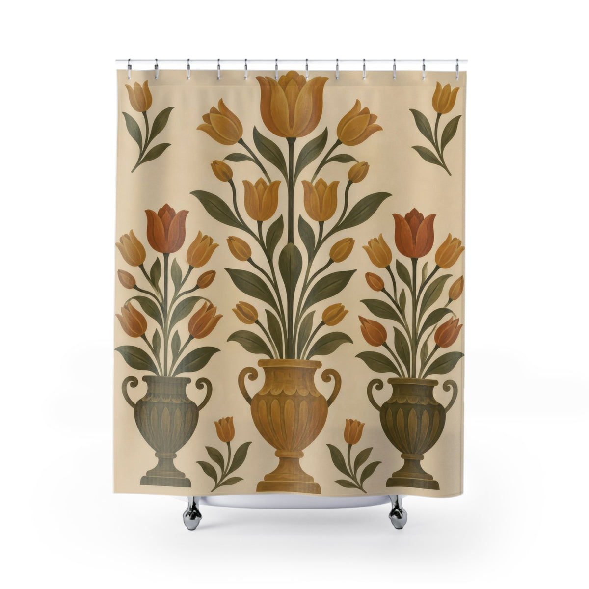 Ochre tulips and olive leaves in three urns on cream shower curtain with full front view