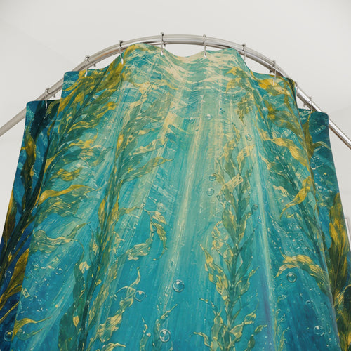 Acrylic Kelp Forest green blue shower curtain with close-up print, hooks, and folds