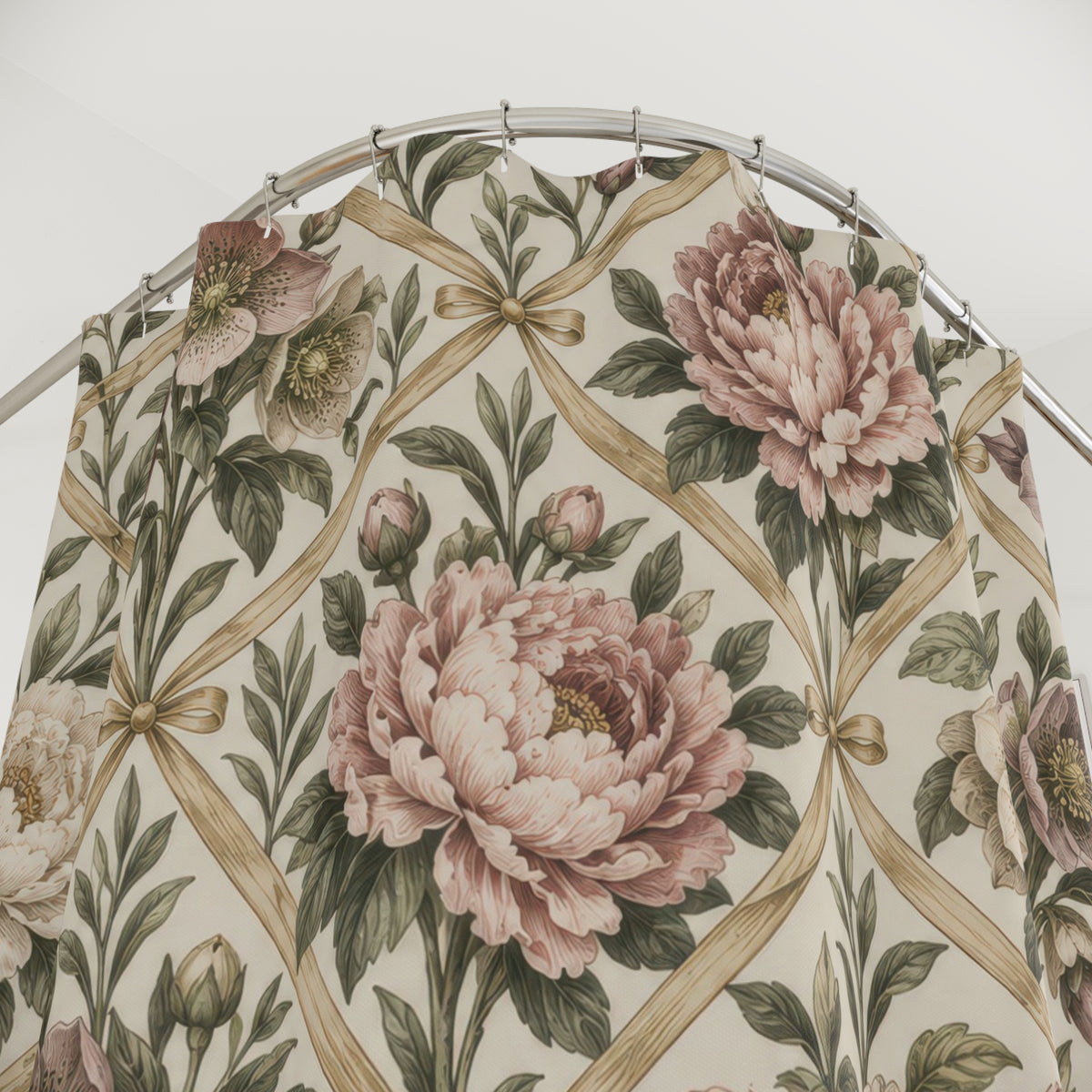 Pink peonies and mauve hellebores in a gold ribbon trellis shower curtain with close-up print, hooks, and folds