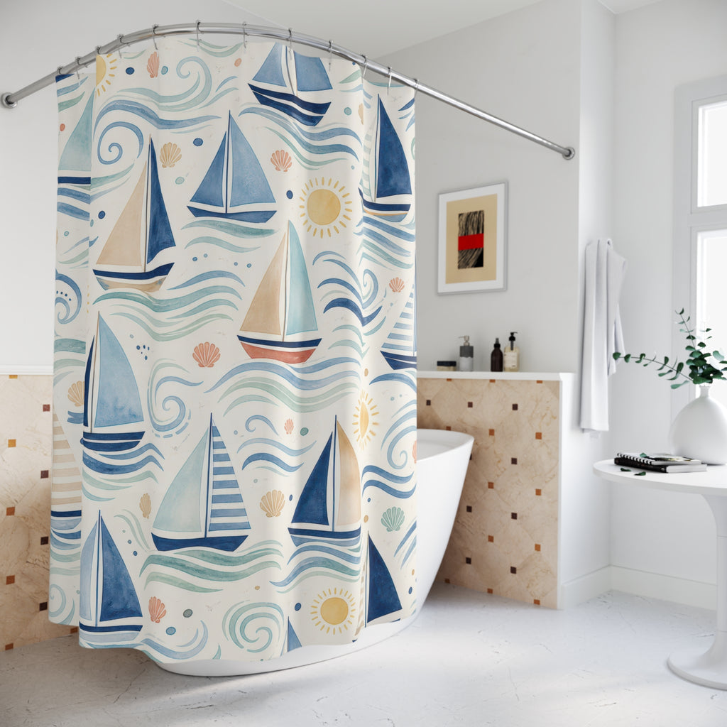 Navy Sailboat Shower Curtain