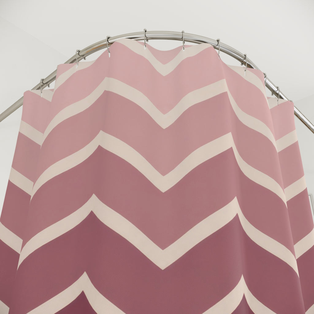 Blush to burgundy ombre chevrons with cream lines shower curtain with close-up print, hooks, and folds