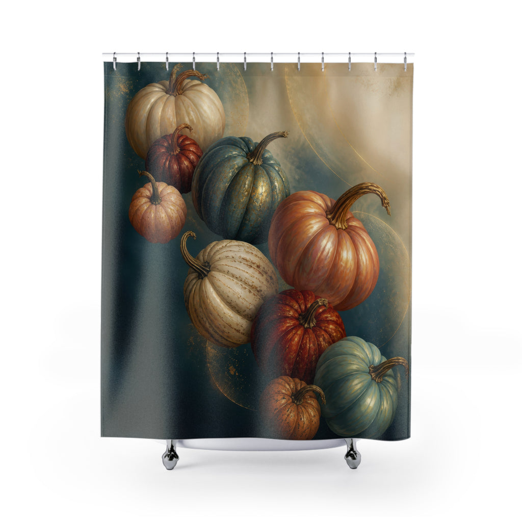 Teal and peach floating pumpkin cascade shower curtain with full front view